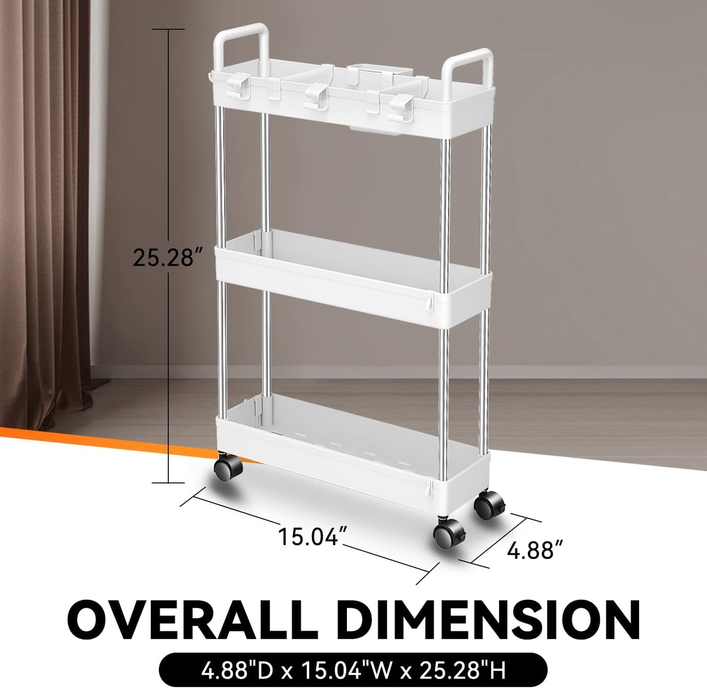 Auto Dynasty 3 Tier Slim Rolling Cart with Handle, Multifunction Utility Storage Rolling Cart, Movable Storage Organizer with Wheels for Office, Bathroom, Kitchen, Narrow Places (White)