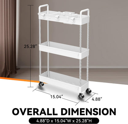 Auto Dynasty 3 Tier Slim Rolling Cart with Handle, Multifunction Utility Storage Rolling Cart, Movable Storage Organizer with Wheels for Office, Bathroom, Kitchen, Narrow Places (White)