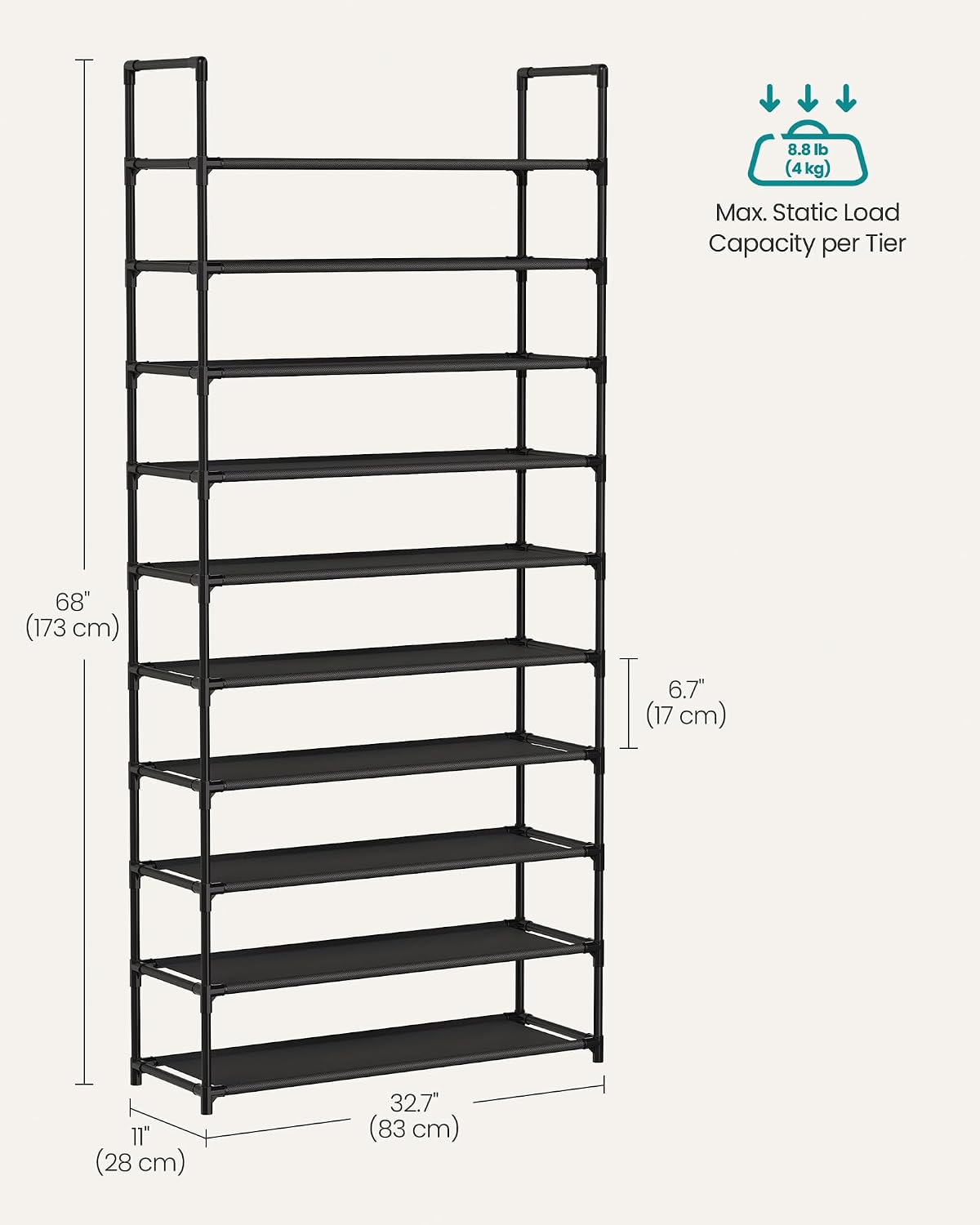 SONGMICS Shoe Rack, 10-Tier Shoe Shelf, Shoe Storage Organizer, 11 x 17.7 x 68 Inches, Metal Frame, Non-Woven Fabric Shelves, for Entryway, Bedroom, Black ULSH010B02