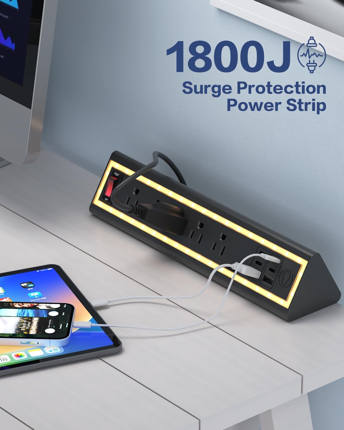 Desk Clamp Power Strip with Nightlight, 40W Fast Charging, 10FT Extension Cord, 4x20W USB-C & 2 USB Ports, 5 AC Outlets, Fits 1.69-Inch Table Edges