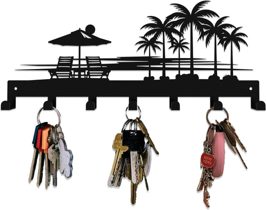 Tropical Style Key Holder Wall Mount with 7 Hooks, Key Hanger Organizer for Front Door, Hallway, Entryway & Office Decor, Featuring Sunset and Coconut Tree Design