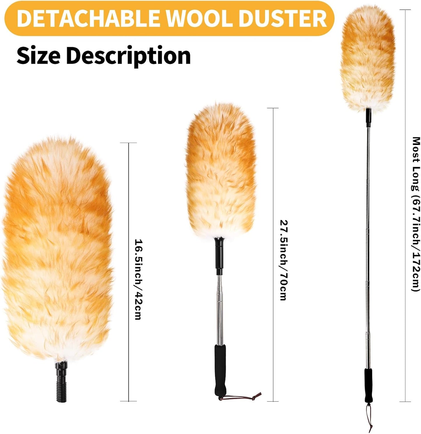 Extendable Lambswool Duster 29-110 Inch,Anti-Static Flexible Head, Stainless Steel Pole for Cleaning High Ceiling,Fan,Furniture,Roof Dusting