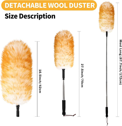 Extendable Lambswool Duster 29-110 Inch,Anti-Static Flexible Head, Stainless Steel Pole for Cleaning High Ceiling,Fan,Furniture,Roof Dusting