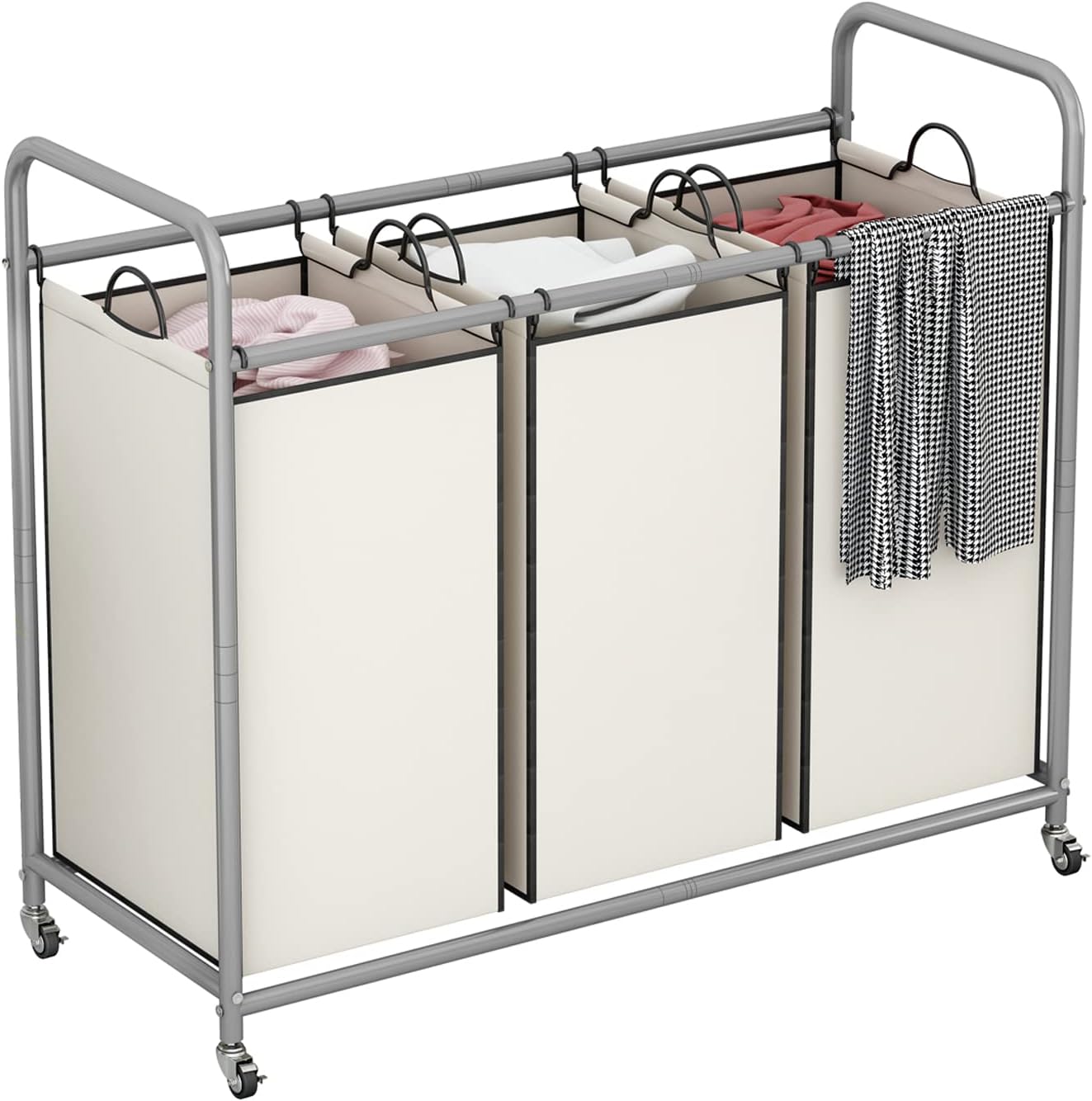 LINZINAR 3-Bag Laundry Hamper, Black Laundry Basket, 35.6 Gal(135 L) Laundry Sorter Cart Laundry Room Organization with Heavy Duty Rolling Lockable Wheels and Removable Bags