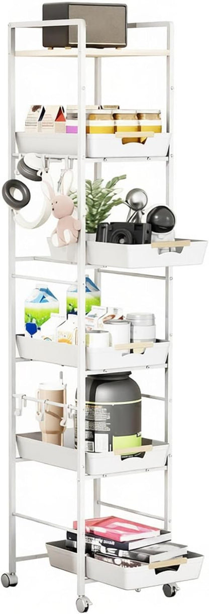 6 Tier Slim Storage Cart with Pull-Out Baskets Rolling Cart with Wheels Wood Top Narrow Utility Cart Metal Shelving Units for Pantry Laundry Room Bathroom Kitchen White 8in(W)
