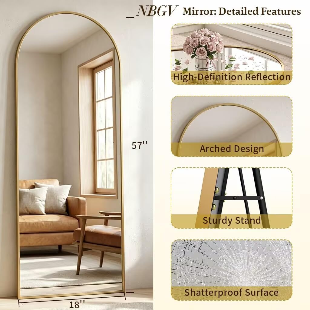 59"x16" Floor Mirror Full Length, Arched Full Length Mirror with Stand, Full Body Mirrors for Bedroom Living Room or Cloakroom Gold