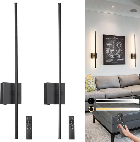 Battery Operated Wall Sconce Set of 2, Black USB Rechargeable Sconces Wall Deco Set of Two, Dimmable Cordless Wall Sconce with Remote Control, LED Wireless Wall Lighting,31.6 in