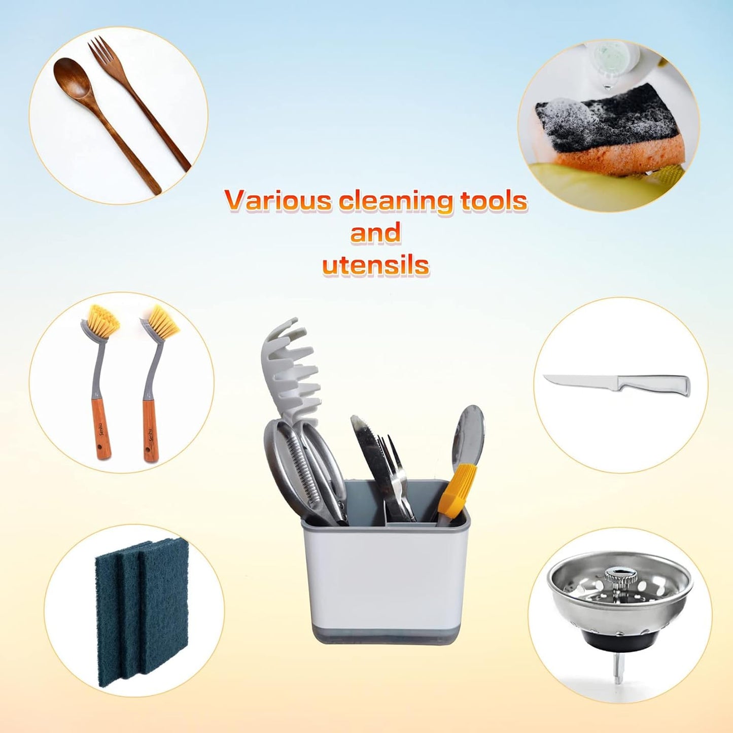 Kitchen Dish Brush Holder for Kitchen Sink,Utensil Drying Caddy,Scrubber/Bottle Brush/Sponge Holder,Kitchen Sink Counter Organizer has Removable Drain Tray,Plastic(Black and White)