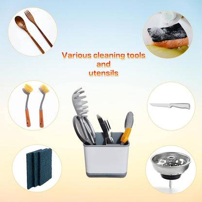 Kitchen Dish Brush Holder for Kitchen Sink,Utensil Drying Caddy,Scrubber/Bottle Brush/Sponge Holder,Kitchen Sink Counter Organizer has Removable Drain Tray,Plastic(Black and White)