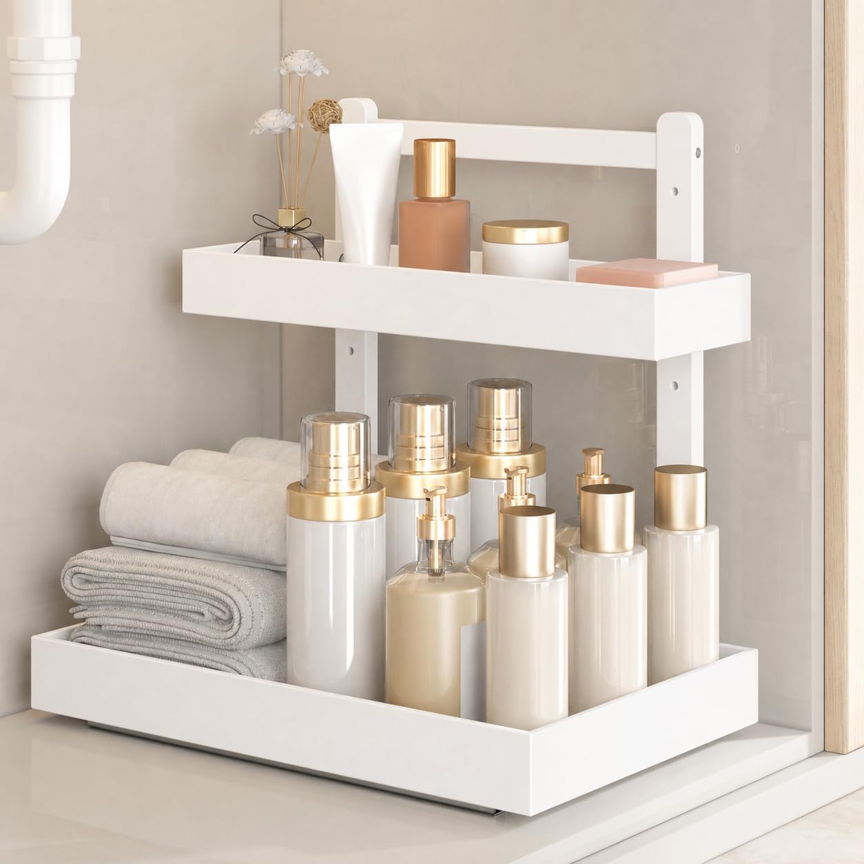 Under Sink Organizer - 2-Tier Pull Out Cabinet Organizer Vertical Slide Out Sink Shelf Storage Shelves for Multi-Purpose Bath Kitchen Bathroom Medicine (Nature, 2 Packs)