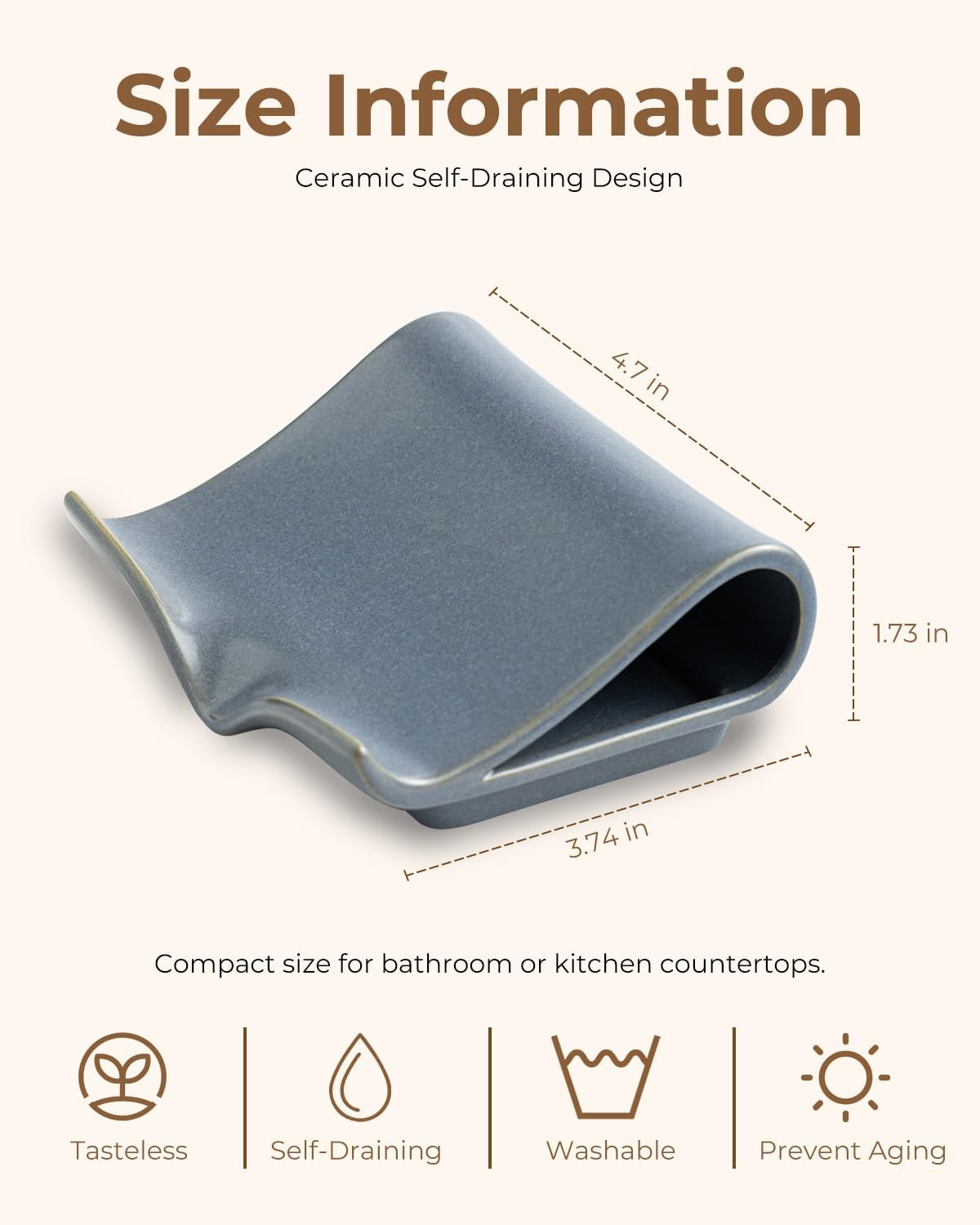 Zoeeker Self-Draining Soap Dish, Ceramic Soap Holder with Drain Spout Waterfall Drying Tray for Shower Bathroom Kitchen Sink Bathtub, Keep Soap Bars Dry, Blue