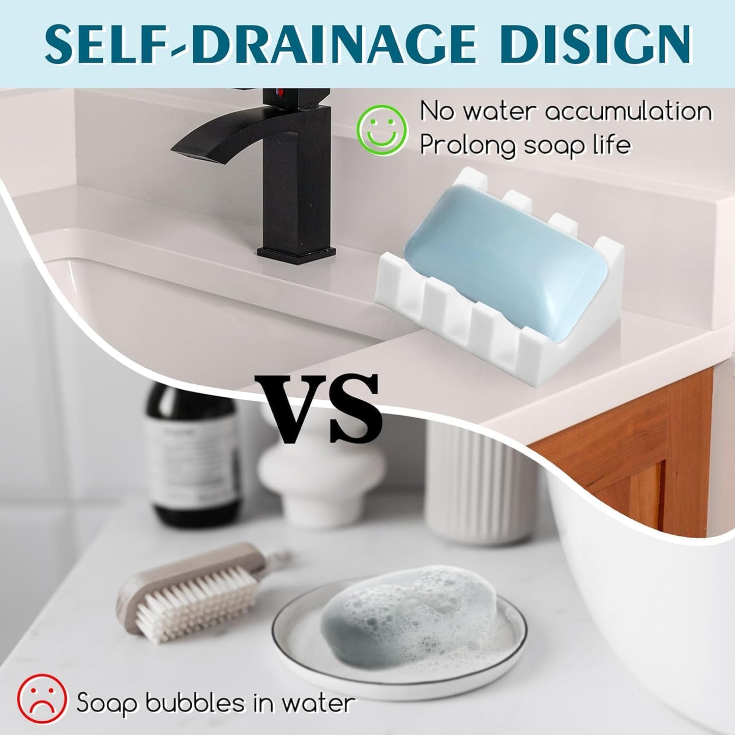 Self Draining Silicone Soap Dish with Suction Cups - Non-Slip Bar Soap Holder for Shower & Kitchen, Waterfall Tray Keeps Soap Dry, Easy Clean, Extends Soap Life (White, 1)