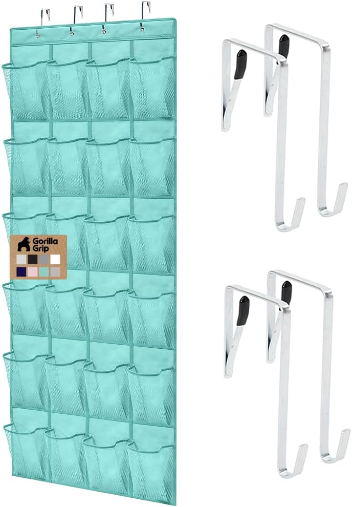 GORILLA GRIP Over the Door Shoe Organizer, 24 Large Breathable Mesh Pockets, Space Saving Hanging Storage Holder, Closet Rack Hanger Holds Up to 40 lbs, Hangs on Closets for Shoes, Accessories, Grey