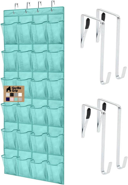 GORILLA GRIP Over the Door Shoe Organizer, 24 Large Breathable Mesh Pockets, Space Saving Hanging Storage Holder, Closet Rack Hanger Holds Up to 40 lbs, Hangs on Closets for Shoes, Accessories, Grey