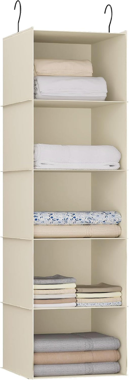 Hanging Closet Organizer 3-Shelf, Oxford Fabric Wardrobe Storage, Gray | Easy-mount foldable design holds clothes, handbags, shoes & accessories; washable Oxford fabric, sturdy and space-saving.