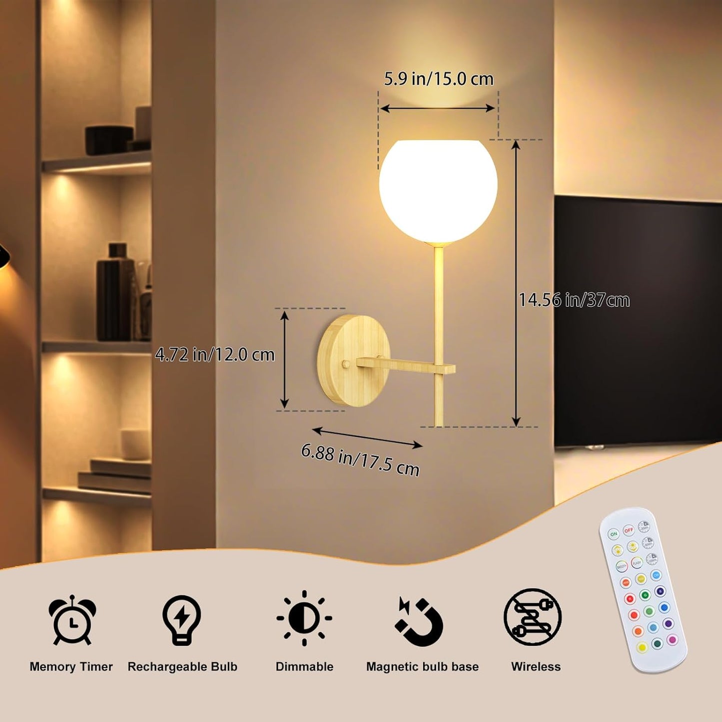 Brass Battery Operated Wall Sconces Set of 2, Rechargeable Wireless Wall Lights with Milky White Frosted Glass, 12 RGB and 3CCT Dimmable, Wall Lamps with Remote for Bedroom Living Room Hallway