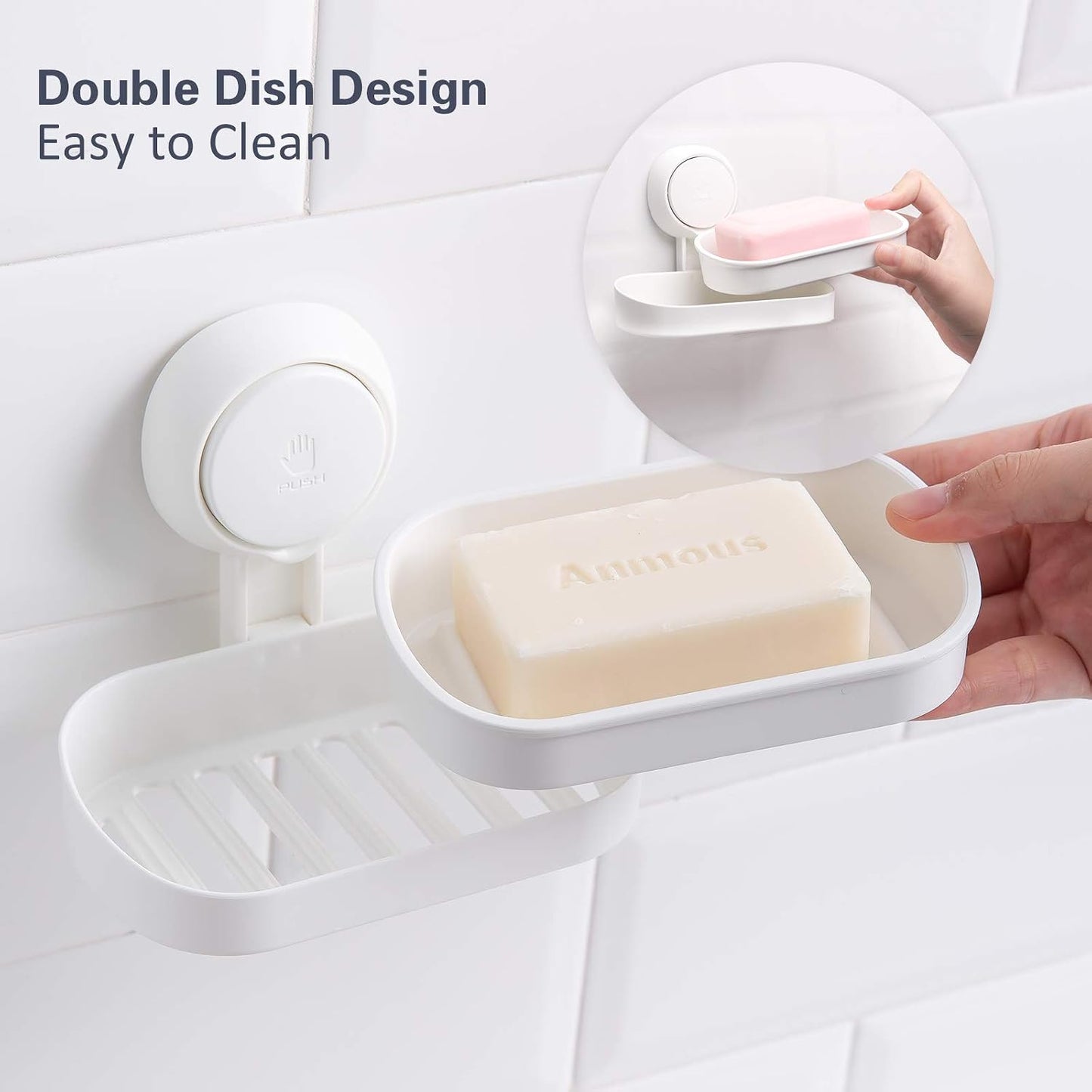 HOME&I Suction Cup Soap Dish Holder for Shower, Dual-Layer Self-Draining Bar Soap Holder, No-Drill Removable Wall Mount Soap Tray for Tile, Glass, Bathroom & Kitchen Sink