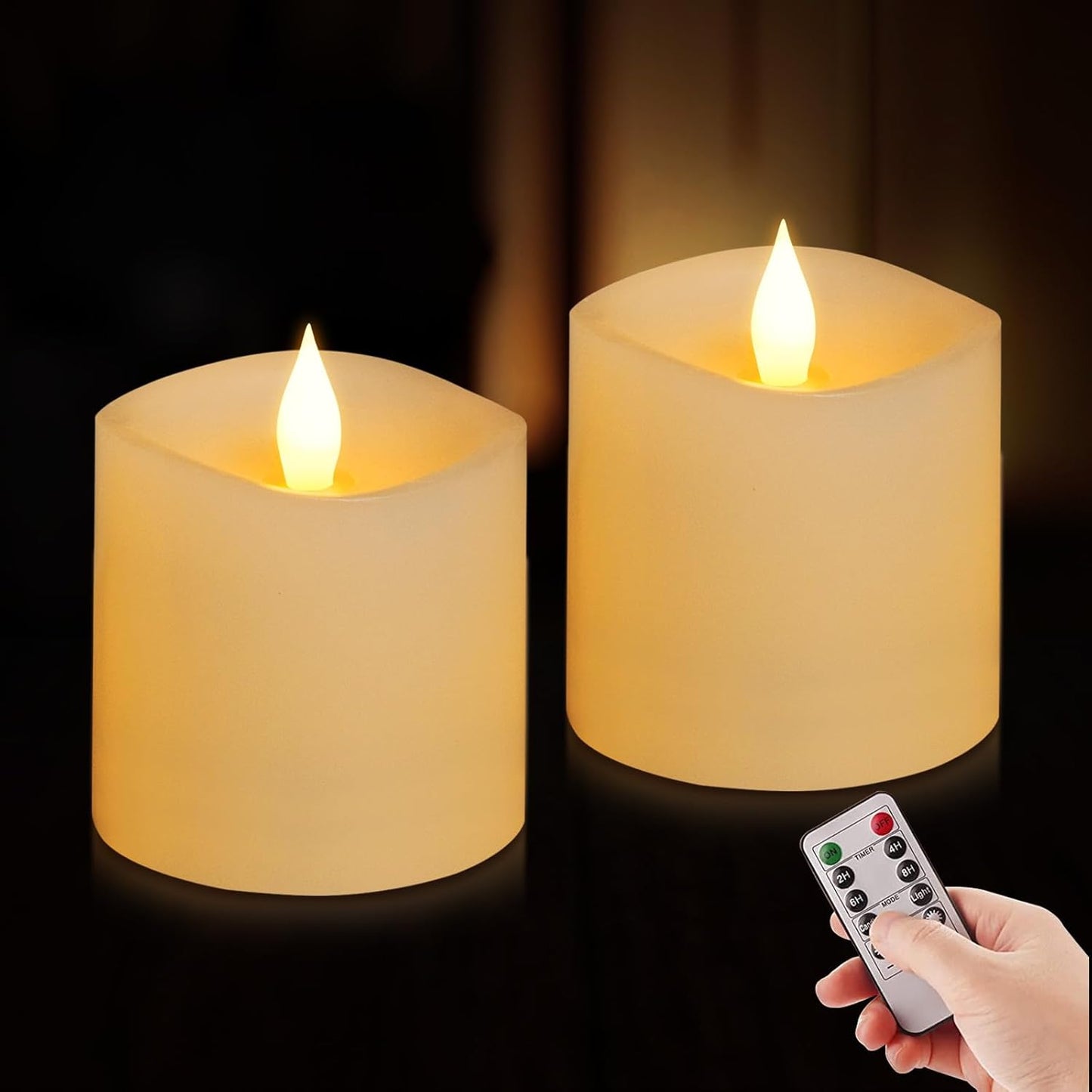 3x3 Flameless Candles with Remote Set of 2, 3 inch Battery Candles Flickering with Timer, LED Pillar Candle for Indoor/Outdoor, White