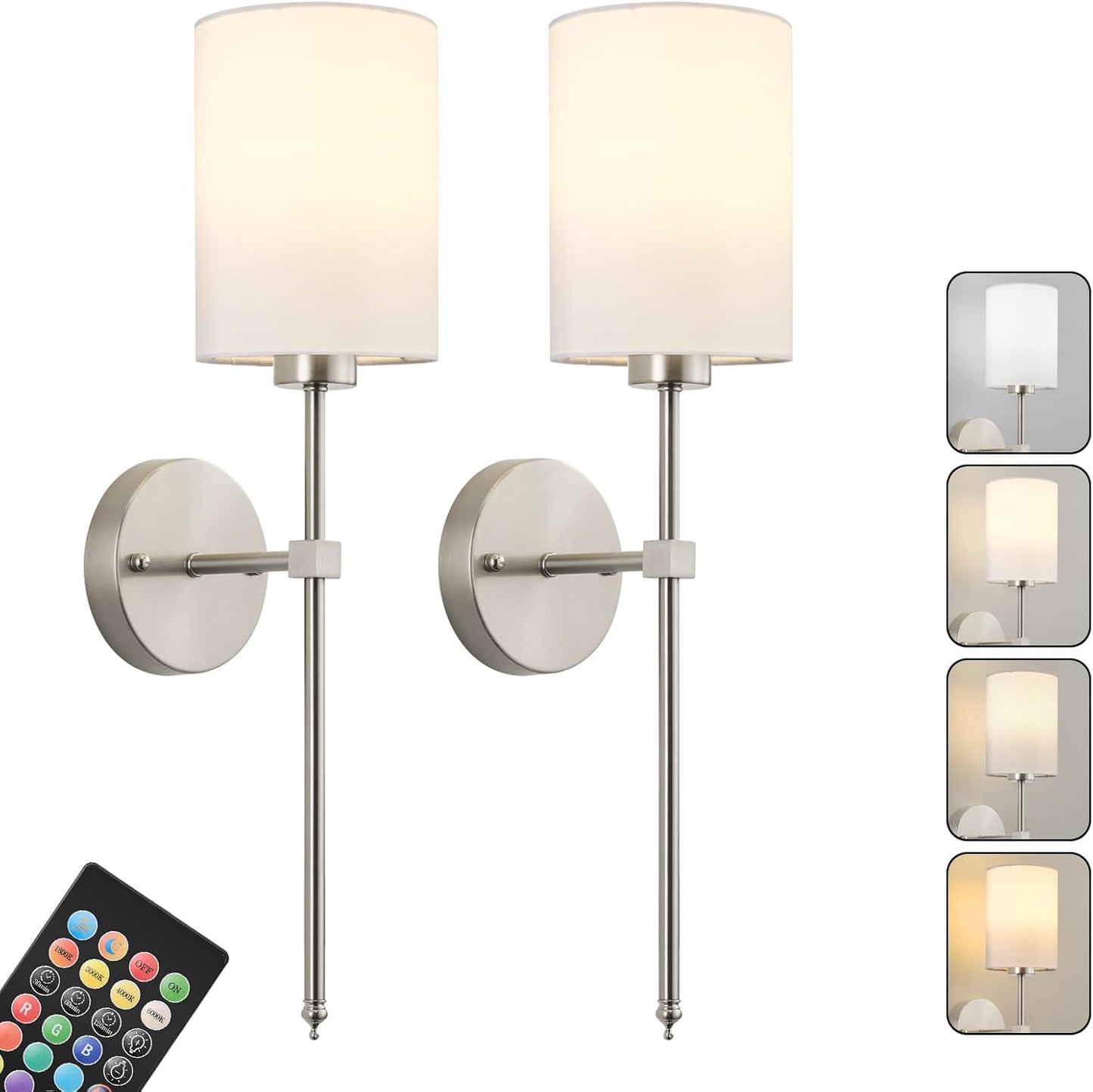 Battery Operated Wall Sconces Set of Two,Wireless Rechargeable Wall Light With Remote Control, Dimmable, Amber Light/Warm White/Natural White/Daylight/RGB, Timer,for Living Room,Bedroom,Entryway,Gold