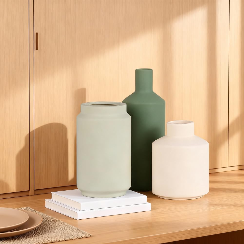 Neutral Ceramic Vase Set of 3 – Modern Decorative Vases, Small Flower Pottery Vase Sets, Boho Farmhouse Rustic Vases for Living Room, Kitchen, Bedroom, Bathroom, Shelf, Table