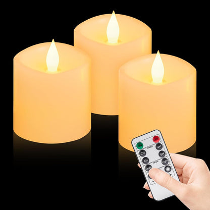 3"x4" Flickering Flameless Battery Candles with Timer, White Realistic LED Pillar Candles, Set of 2 Large Remote-Operated Candles for Home Indoor/Outdoor & Holiday Decor