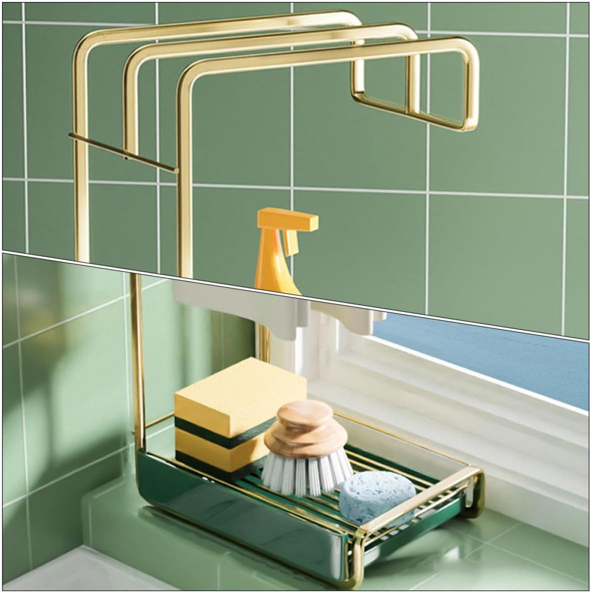 OSALADI Kitchen Wall Hanging Drying Storage Rack with Water Tray Lightweight Drain Stand for Duster Cloths Space-saving Elegant Kitchen Utensil Holder Gold Finish