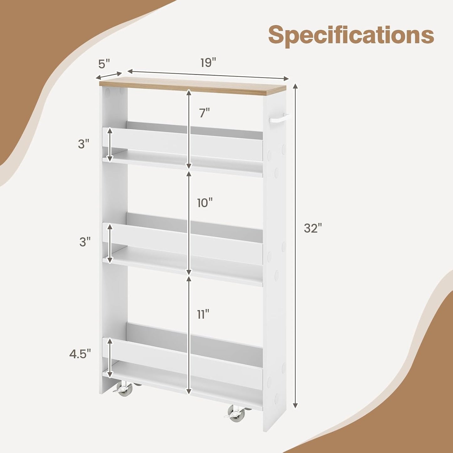 Slim Storage Rolling Cart, 4-Tier Side Out Shelving Unit with Handle, Mobile Organizer Utility Cart on Wheels for Laundry, Bathroom, Office, Kitchen, Narrow Places (White & Natural)