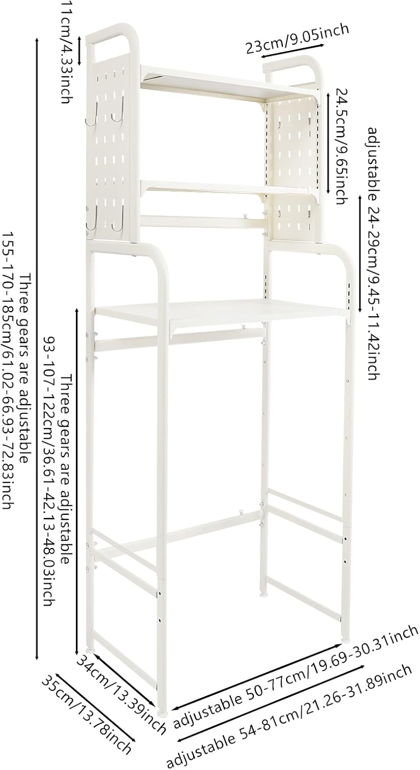 3-Tier Over The Washer and Dryer Storage Shelf, Washing Machine Shelf with Adjustable Height & Hooks, Over Toilet Laundry Room Drying Storage Rack with Pigboard, Space Saver (Gray)