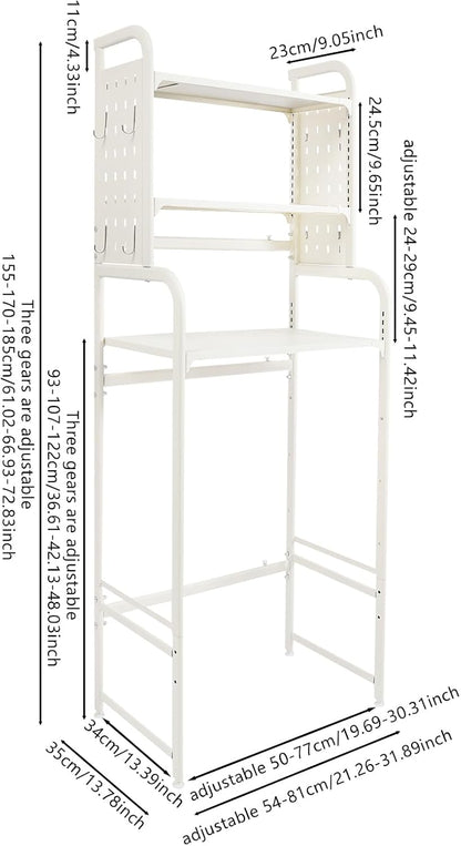 Over The Washer and Dryer Storage Shelf with Adjustable Shelf, 3 Tiers Expandable Over Toilet Storage Rack with Hooks Laundry Organizer Standing Shelf Gray for Laundry Room Bathroom