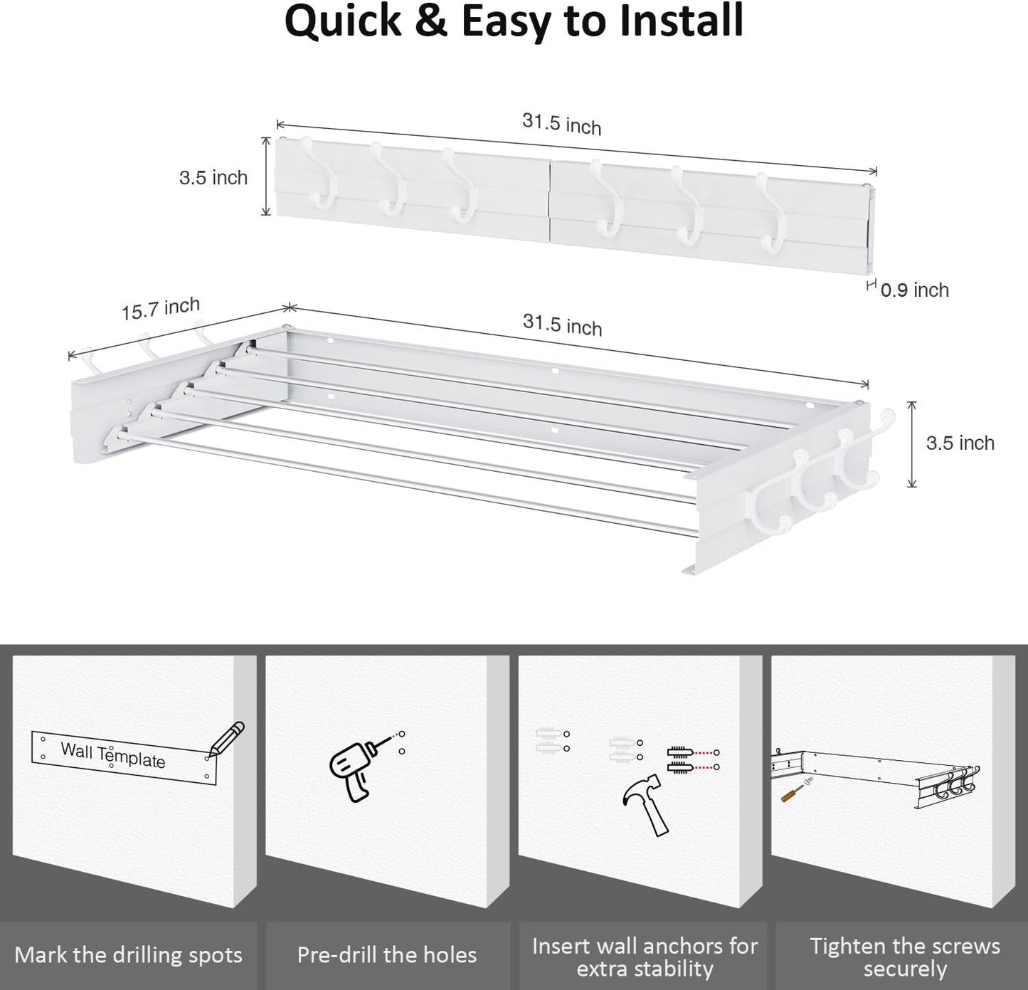 Laundry Drying Rack, Collapsible Wall Mounted Clothes Drying Rack - Foldable,Space Saving, 13.2 Linear Ft, 5 Aluminum Rods, 60 lb Capacity (White, 40" Wide)