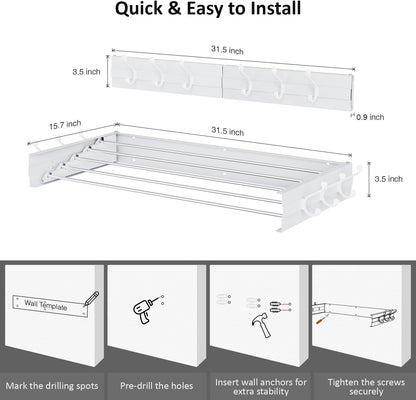 Laundry Drying Rack, Collapsible Wall Mounted Clothes Drying Rack - Foldable,Space Saving, 13.2 Linear Ft, 5 Aluminum Rods, 60 lb Capacity (White, 40" Wide)