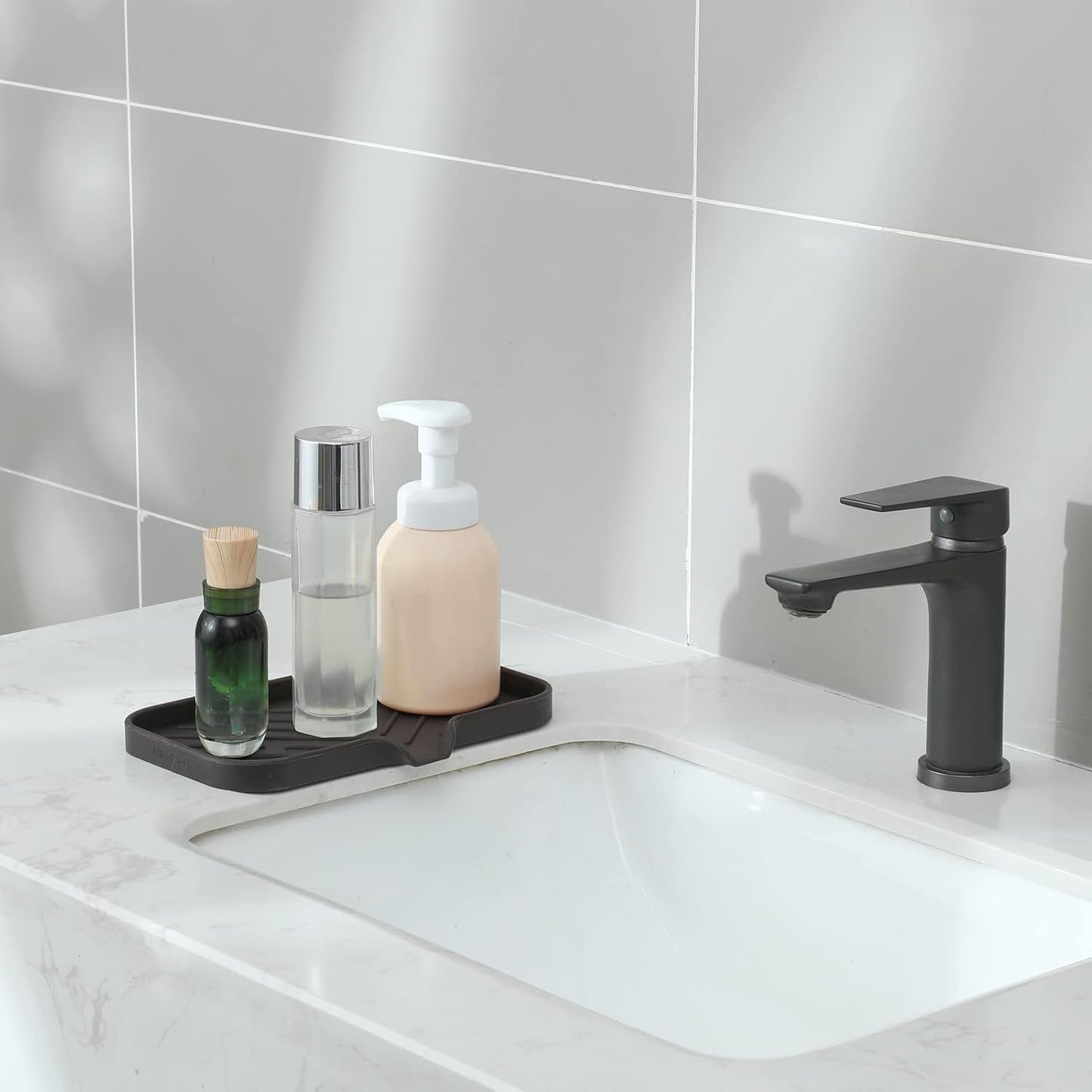 MicoYang Silicone Bathroom Soap Dishes with Drain Spout-Bathroom and Kitchen Sink Organizer,Sponge Holder,Dish Soap Tray,Perfect for Dispenser,Scrubber,Bottle,Cup on Sink or Counter-Coffee 4.9"×3.2"