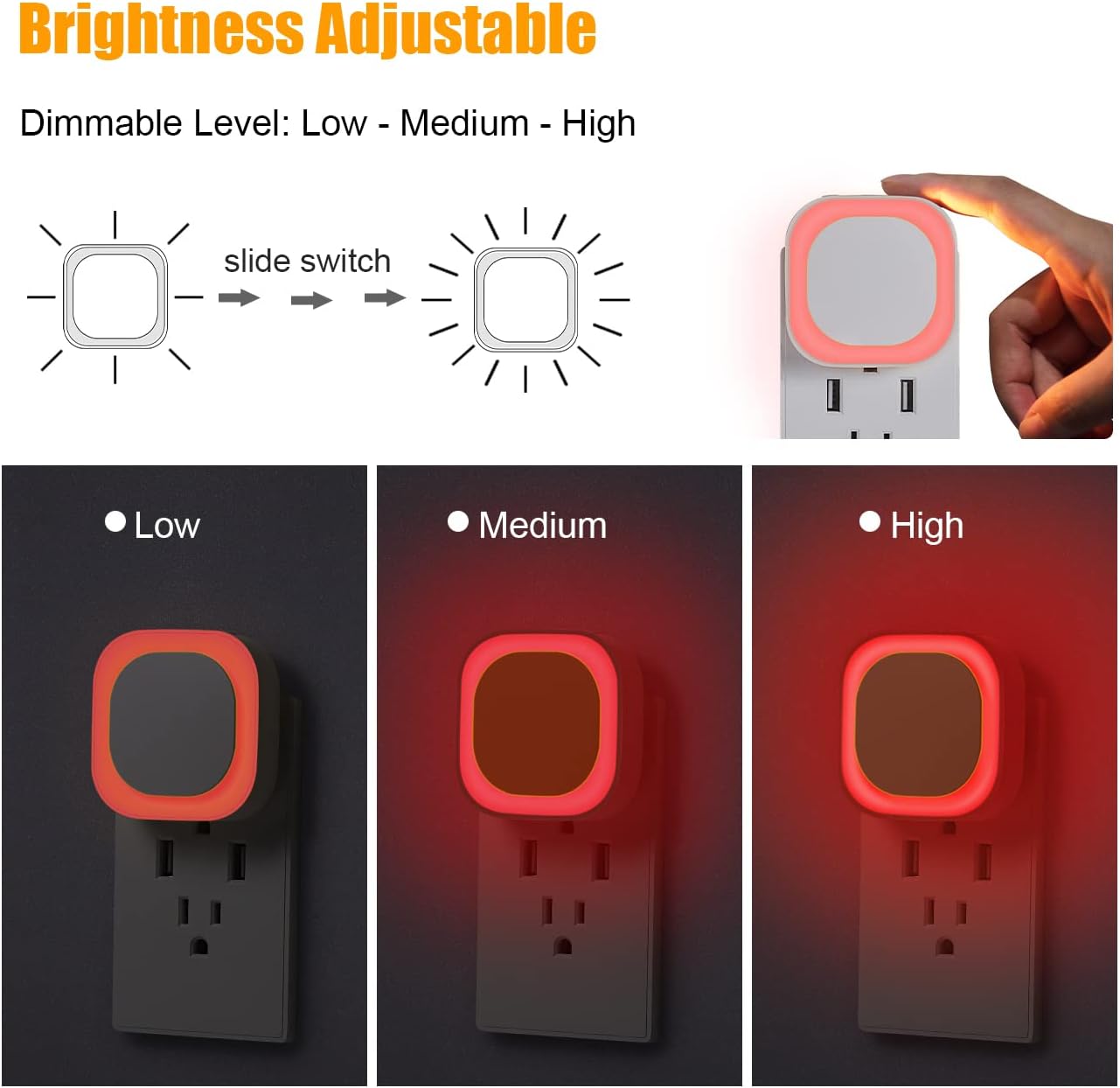 YUNLEX 2 Pack Red Night Light with Dusk to Dawn Sensor, Eye-Care Reflected Glow, 0% Blue Light True Red LED, 3-Level Brightness, Auto On/Off, Plug-in Nightlight for Sleep, Kids, Bedroom, Bathroom