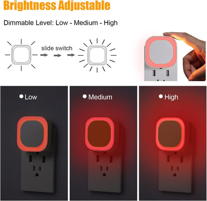YUNLEX 2 Pack Red Night Light with Dusk to Dawn Sensor, Eye-Care Reflected Glow, 0% Blue Light True Red LED, 3-Level Brightness, Auto On/Off, Plug-in Nightlight for Sleep, Kids, Bedroom, Bathroom