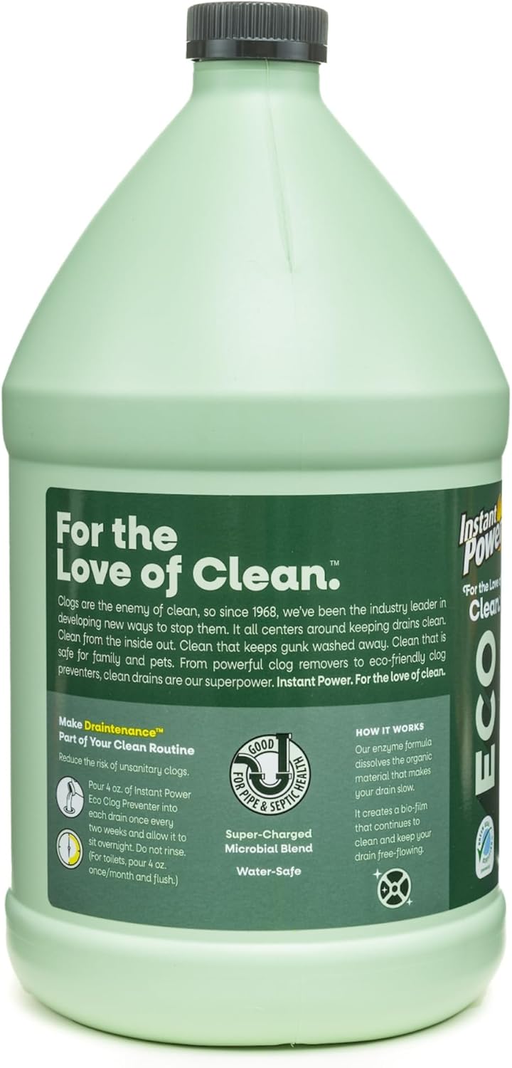 Instant Power Eco Clog Preventer - Enzyme Drain Cleaner Liquid and Deodorizer for Sink, Shower, Toilet, Garbage Disposal Cleaner, Bio-Based Drain Defense, Smell Remover and Odor Eliminator - 32 fl oz