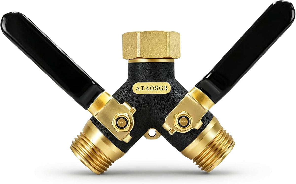 Garden Hose Splitter 2 Way Heavy Duty, Metal Body Water Hose Splitter | with Shut-Off Valve,360° Brass Swivel,3/4'' GHT Connector Full Flow Hose Bib Splitter, For Outdoor Spigot Faucet