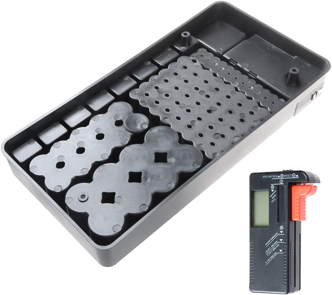 Battery Organizer Storage Case w Tester-110 Batteries Holder Box for AAA, AA, 9V, C, D and Button Battery