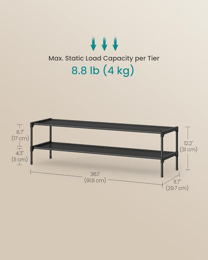 SONGMICS Shoe Rack, 2-Tier Shoe Storage Organizer, Space-Saving, 11.7 x 16.5 x 12.2 Inches, Entryway, Metal Frame, Non-Woven Fabric Shelves, Ink Black ULSH012BH01