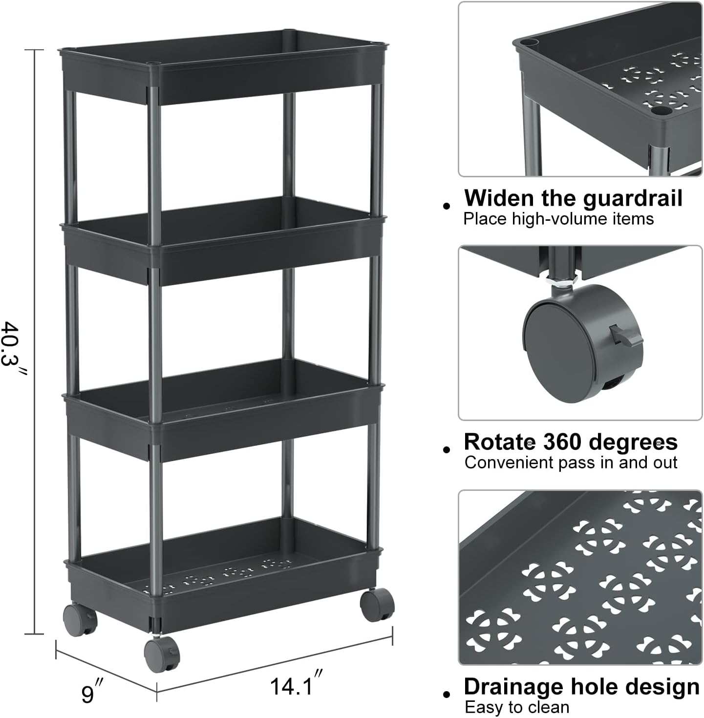 Sooyee 3 Tier Rolling Cart with Wheels, Slim Storage Cart, Under Desk Narrow Rolling Utility Cart Storage Organizer for Office Bathroom Kitchen Laundry Room Narrow Places, White, Plastic and Metal