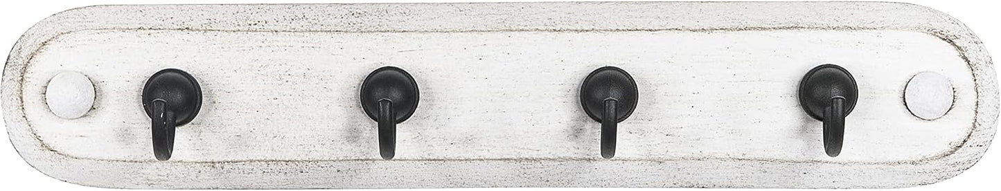 Spectrum Farmhouse Key Holder Wall Mount Rack for Entryway Garage Mudroom Hanging Organization, Easy Install Rustic Key Ring Holder Rack for Keychains Rings & Fobs, White Washed with Black Hooks