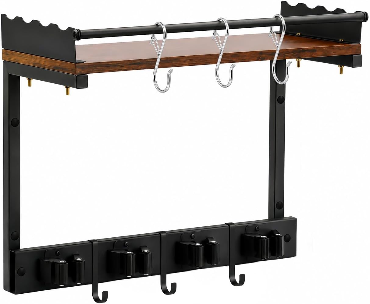 Broom Holder Wall Mount, Heavy Duty Broom and Mop Organizer Wall Hanging with Vacuum Stand, 5 Grippers & 10 Hooks, Utility Racks with Wood Shelf & Guard, Laundry Organization & Storage (S)