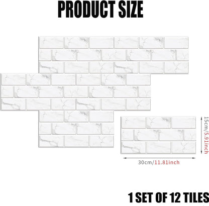 12-Sheet White Peel and Stick Wallpaper, Subway Tile 6''x12'' Self Adhesive Wall Tiles Waterproof PVC Stick on Backsplash Vinyl Decorative Tiles Stickers for Kitchen Bathroom