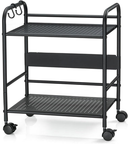 2-Tier Metal Rolling Cart, Compact Under Desk Storage Organizer | 12.2" clearance fits binders & tall bottles; anti-drop safety guard; small space mobile shelf for home, bedroom & office.