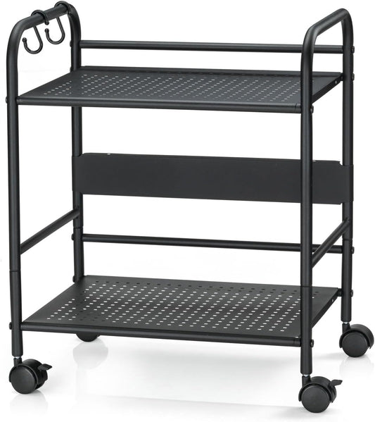 2-Tier Metal Rolling Cart, Compact Under Desk Storage Organizer | 12.2" clearance fits binders & tall bottles; anti-drop safety guard; small space mobile shelf for home, bedroom & office.