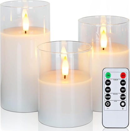 Flickering flameless Candles, Battery Operated Candles with Remote, led Pillar Candles，Electric Candle Set of 3，Christmas Home Wedding Birthday Decor（Ivory White） ﻿ ﻿