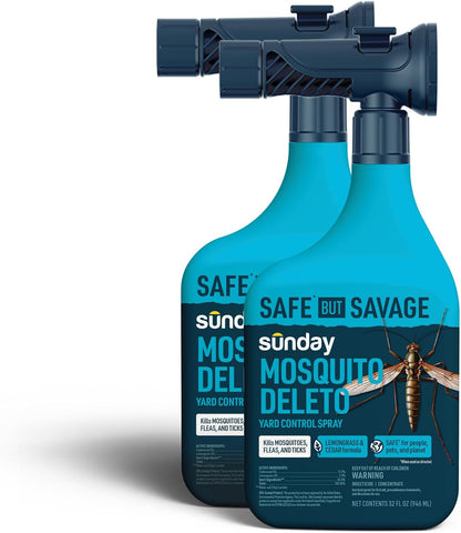 Sunday Mosquito Deleto - Mosquito Repellent & Bug Control Spray - Concentrated Lemongrass & Cedar Oils -for Mosquitoes, Fleas, & Ticks- Lasts up to 4 Weeks - Hose-On Sprayer, 32 Fl Oz, 2-Pack