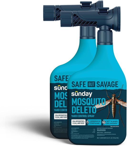 Sunday Mosquito Deleto - Mosquito Repellent & Bug Control Spray - Concentrated Lemongrass & Cedar Oils -for Mosquitoes, Fleas, & Ticks- Lasts up to 4 Weeks - Hose-On Sprayer, 32 Fl Oz, 2-Pack