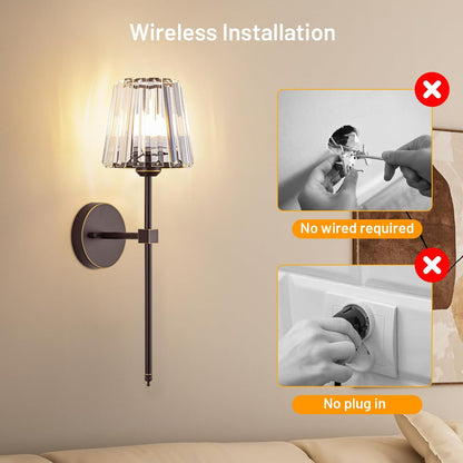Crystal Battery Operated Wall Sconces Set of 2, Gold Rechargeable Wireless Wall Sconce Lights with Crystal Lampshade, 12 RGB and 3CCT Dimmable Wall Lamps with Remote for Bedroom Living Room Hallway