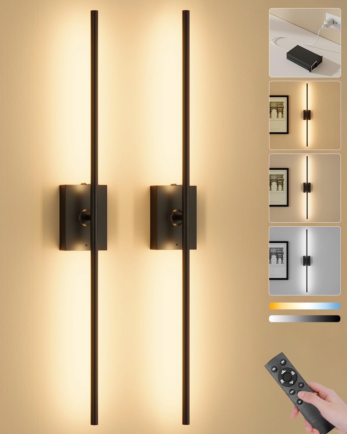 Ouyulong Battery Operated Wall Sconces Set of 2, 10000mAh Wireless Rechargeable 3000-6000K Dimmable 350° Rotate Wall Light with Remote for Living Room, Bedroom 31.6in Black
