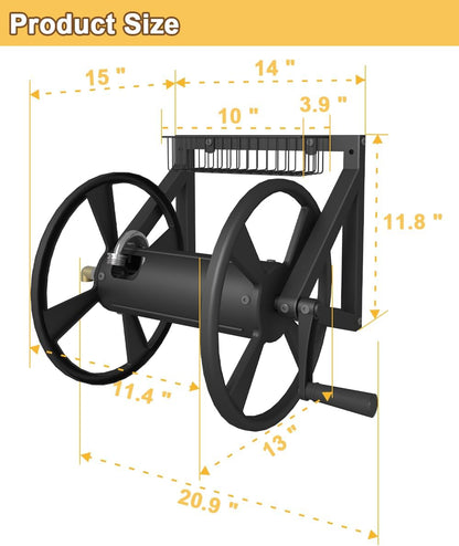 Artigarden Triangle Wall Mounted Garden Hose Reel, Outdoor Heavy-Duty Water Hoses Holder Winder, Holds 125 Ft of 5/8-Inch Hose, with 3.9 ft Leader Hose, Brass Fitting, Storage Basket for Yard, Black